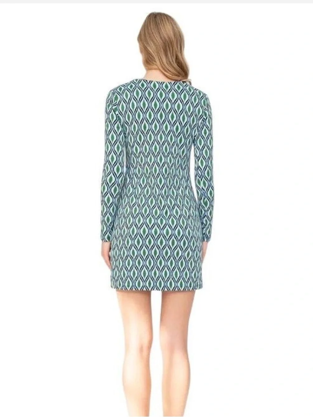 Zara Long Sleeve Geometric Mini Dress in Teal and Green